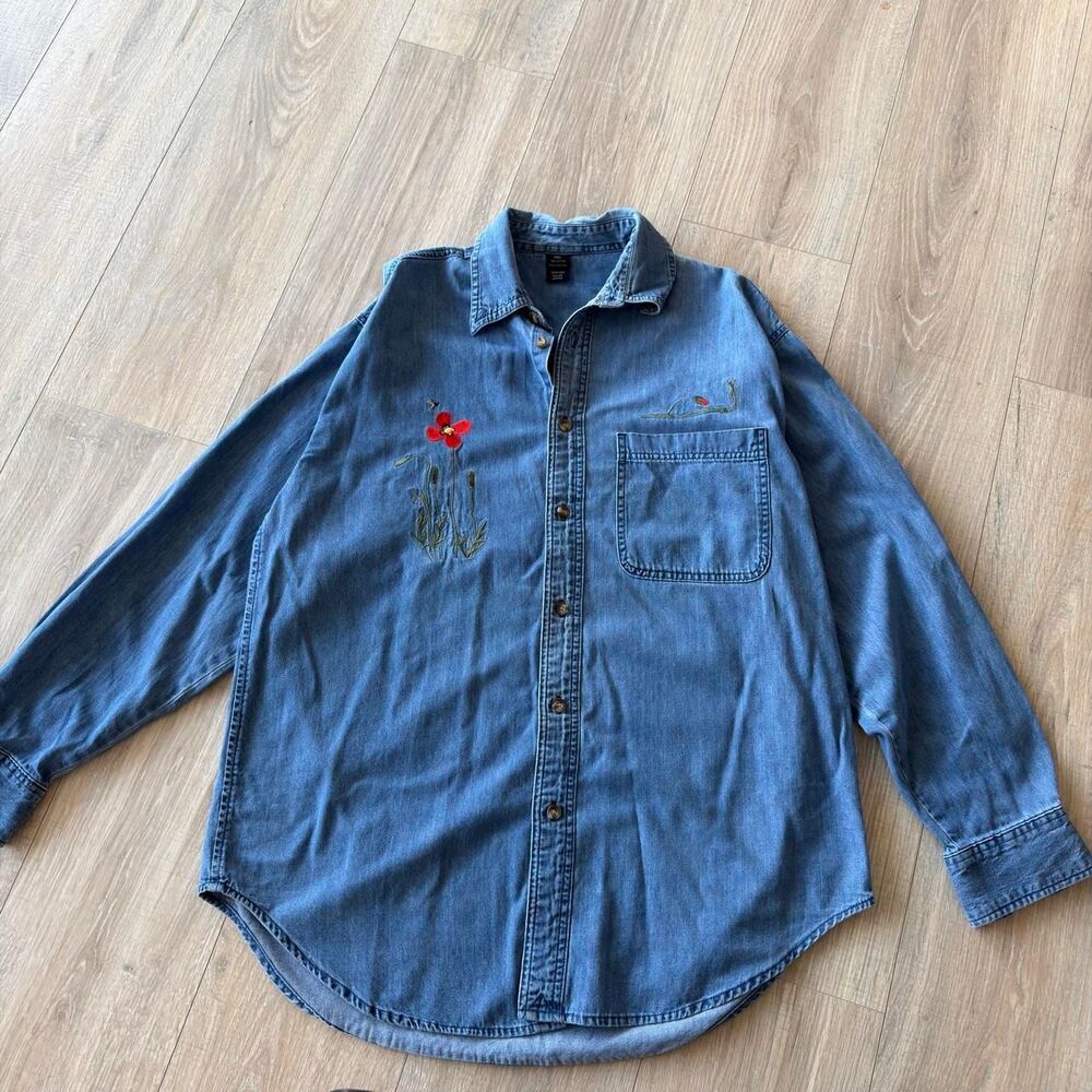 Vintage 90's Large Denim Button Up Shirt Embroidered Red Poppy Flowers Cottage